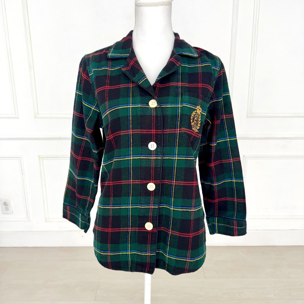 Chaps Womens Pajama Set Green Tartan Plaid Flannel Cotton Button Front Medium‎